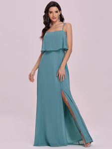 Color=Dusty blue | Simple Wholesale Side Split Chiffon Evening Dress With Spaghetti Straps Ee00108-Dusty Blue 1