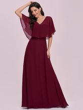 Load image into Gallery viewer, Color=Burgundy | Classy Wholesale Tulip Sleeves With Deep V-Neck Evening Dress-Burgundy 1