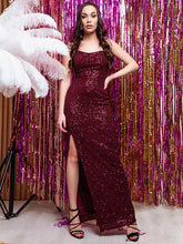 Load image into Gallery viewer, Color=Burgundy | Adorable Side Split Halter Maxi Sequin Wholesale Evening Dress Ee00115-Burgundy 2