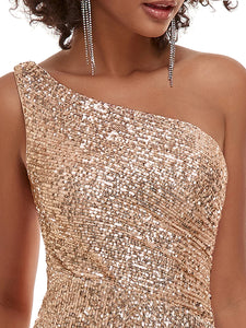 Color=Charcoal | Sexy One Shoulder Wholesale Sequin Evening Dress With Side Split-Charcoal 5