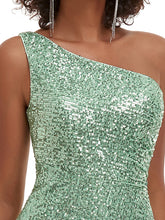 Load image into Gallery viewer, Color=sage green | Sexy One Shoulder Wholesale Sequin Evening Dress With Side Split-sage green 7