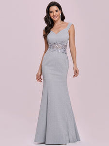 Color=Grey | Wholesale Mermaid Evening Dress With See-Througn Waistline-Grey 3