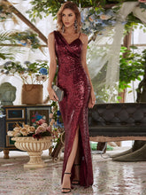 Load image into Gallery viewer, Color=Burgundy | Deep V-neck Evening Dress for Women with Cold Shoulders-Burgundy 4