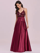 Load image into Gallery viewer, Color=Burgundy | Shiny Wholesale Maxi Satin Evening Dress With Sequin Bodice-Burgundy 2