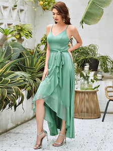 Color=Green Bean | Deep V-neck Evening Dress with Asymmetrical Hem-Green Bean 4