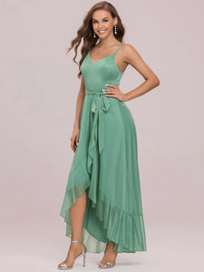 Color=Green Bean | Deep V-neck Evening Dress with Asymmetrical Hem-Green Bean 7