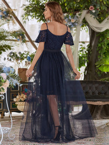 Color=Navy Blue | Classy Evening Dress with Cold Shoulders-Navy Blue 2