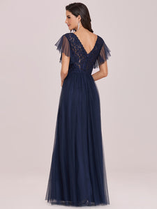 Color=Navy Blue | Floor-Length Tulip Sleeves Evening Dress For Women -Navy Blue 4