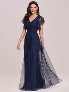 Color=Navy Blue | Floor-Length Tulip Sleeves Evening Dress For Women -Navy Blue 5