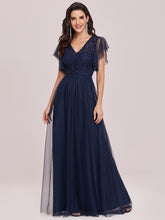 Load image into Gallery viewer, Color=Navy Blue | Floor-Length Tulip Sleeves Evening Dress For Women -Navy Blue 6
