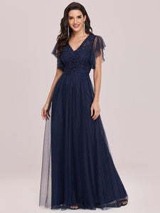 Color=Navy Blue | Floor-Length Tulip Sleeves Evening Dress For Women -Navy Blue 6