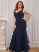 Load image into Gallery viewer, Color=Navy Blue | Glitter Fishtail V Neck Wholesale Evening Dress With Tulle Ee00265-Navy Blue 4