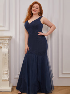 Color=Navy Blue | Glitter Fishtail V Neck Wholesale Evening Dress With Tulle Ee00265-Navy Blue 4