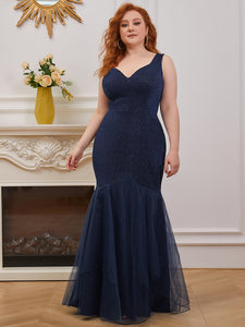 Color=Navy Blue | Glitter Fishtail V Neck Wholesale Evening Dress With Tulle Ee00265-Navy Blue 3