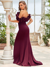 Load image into Gallery viewer, Color=Burgundy | Cute Wholesale Ruffled Off Shoulder Long Fishtail Evening Dress-Burgundy 2