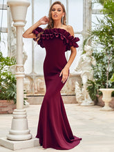 Load image into Gallery viewer, Color=Burgundy | Cute Wholesale Ruffled Off Shoulder Long Fishtail Evening Dress-Burgundy 1