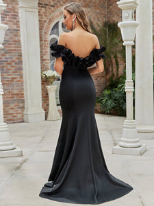 Color=Black | Cute Wholesale Ruffled Off Shoulder Long Fishtail Evening Dress-Black 2