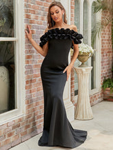 Load image into Gallery viewer, Color=Black | Cute Wholesale Ruffled Off Shoulder Long Fishtail Evening Dress-Black 4