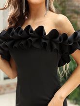 Load image into Gallery viewer, Color=Black | Cute Wholesale Ruffled Off Shoulder Long Fishtail Evening Dress-Black 5