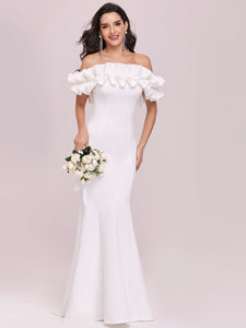 Color=Cream | Cute Wholesale Ruffled Off Shoulder Long Fishtail Evening Dress-Cream 6