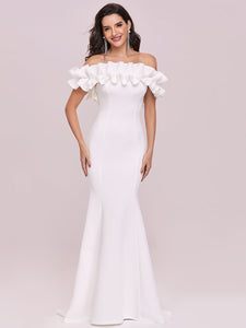 Color=Cream | Cute Wholesale Ruffled Off Shoulder Long Fishtail Evening Dress-Cream 7