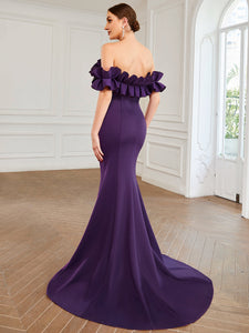 Color=Dark Purple | Cute Wholesale Ruffled Off Shoulder Long Fishtail Evening Dress-Dark Purple 2