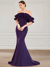 Load image into Gallery viewer, Color=Dark Purple | Cute Wholesale Ruffled Off Shoulder Long Fishtail Evening Dress-Dark Purple 4