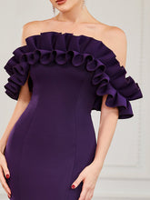 Load image into Gallery viewer, Color=Dark Purple | Cute Wholesale Ruffled Off Shoulder Long Fishtail Evening Dress-Dark Purple 5