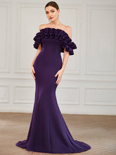Load image into Gallery viewer, Color=Dark Purple | Cute Wholesale Ruffled Off Shoulder Long Fishtail Evening Dress-Dark Purple 1