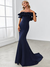 Load image into Gallery viewer, Color=Navy Blue | Cute Wholesale Ruffled Off Shoulder Long Fishtail Evening Dress-Navy Blue 3