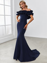 Load image into Gallery viewer, Color=Navy Blue | Cute Wholesale Ruffled Off Shoulder Long Fishtail Evening Dress-Navy Blue 1