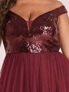 Color=Burgundy | Plus Size Wholesale High Waist Tulle & Sequin Sleevless Evening Dress-Burgundy 5