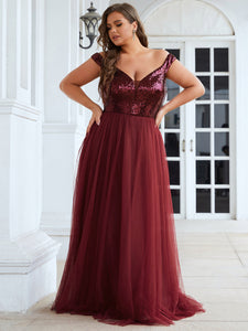 Color=Burgundy | Plus Size Wholesale High Waist Tulle & Sequin Sleevless Evening Dress-Burgundy 1
