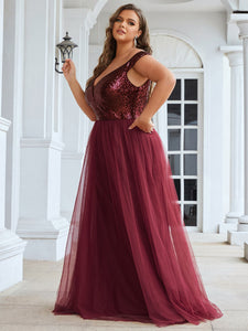 Color=Burgundy | Plus Size Wholesale High Waist Tulle & Sequin Sleevless Evening Dress-Burgundy 2