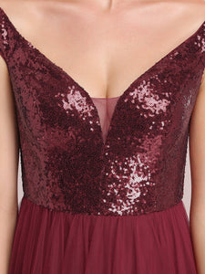 Color=Burgundy | Wholesale High Waist Tulle & Sequin Sleeveless Evening Dress-Burgundy 9