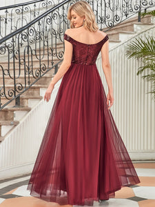 Color=Burgundy | Wholesale High Waist Tulle & Sequin Sleeveless Evening Dress-Burgundy 2