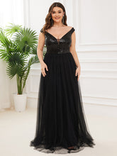 Load image into Gallery viewer, Color=Black | Plus Size Wholesale High Waist Tulle &amp; Sequin Sleevless Evening Dress-Black 1