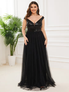 Color=Black | Plus Size Wholesale High Waist Tulle & Sequin Sleevless Evening Dress-Black 1