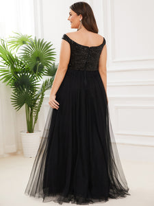 Color=Black | Plus Size Wholesale High Waist Tulle & Sequin Sleevless Evening Dress-Black 2