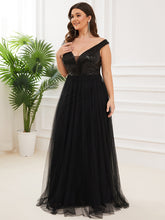 Load image into Gallery viewer, Color=Black | Plus Size Wholesale High Waist Tulle &amp; Sequin Sleevless Evening Dress-Black 3