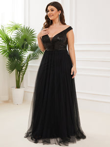 Color=Black | Plus Size Wholesale High Waist Tulle & Sequin Sleevless Evening Dress-Black 3