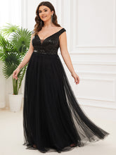 Load image into Gallery viewer, Color=Black | Plus Size Wholesale High Waist Tulle &amp; Sequin Sleevless Evening Dress-Black 4