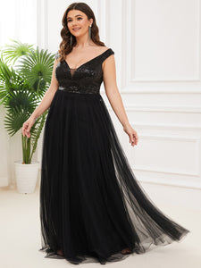 Color=Black | Plus Size Wholesale High Waist Tulle & Sequin Sleevless Evening Dress-Black 4