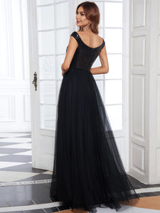 Color=Black | Wholesale High Waist Tulle & Sequin Sleeveless Evening Dress-Black 2