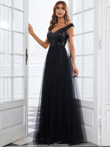Color=Black | Wholesale High Waist Tulle & Sequin Sleeveless Evening Dress-Black 3