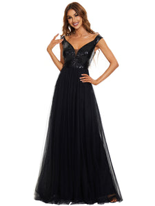 Color=Black | Wholesale High Waist Tulle & Sequin Sleeveless Evening Dress-Black 6