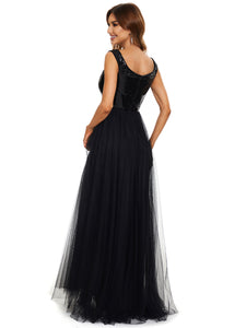 Color=Black | Wholesale High Waist Tulle & Sequin Sleeveless Evening Dress-Black 7