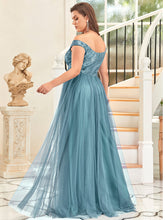 Load image into Gallery viewer, Color=Dusty Blue | Plus Size Wholesale High Waist Tulle &amp; Sequin Sleevless Evening Dress-Dusty Blue 2
