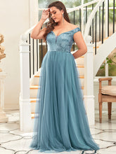 Load image into Gallery viewer, Color=Dusty Blue | Plus Size Wholesale High Waist Tulle &amp; Sequin Sleevless Evening Dress-Dusty Blue 3