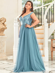 Color=Dusty Blue | Plus Size Wholesale High Waist Tulle & Sequin Sleevless Evening Dress-Dusty Blue 4